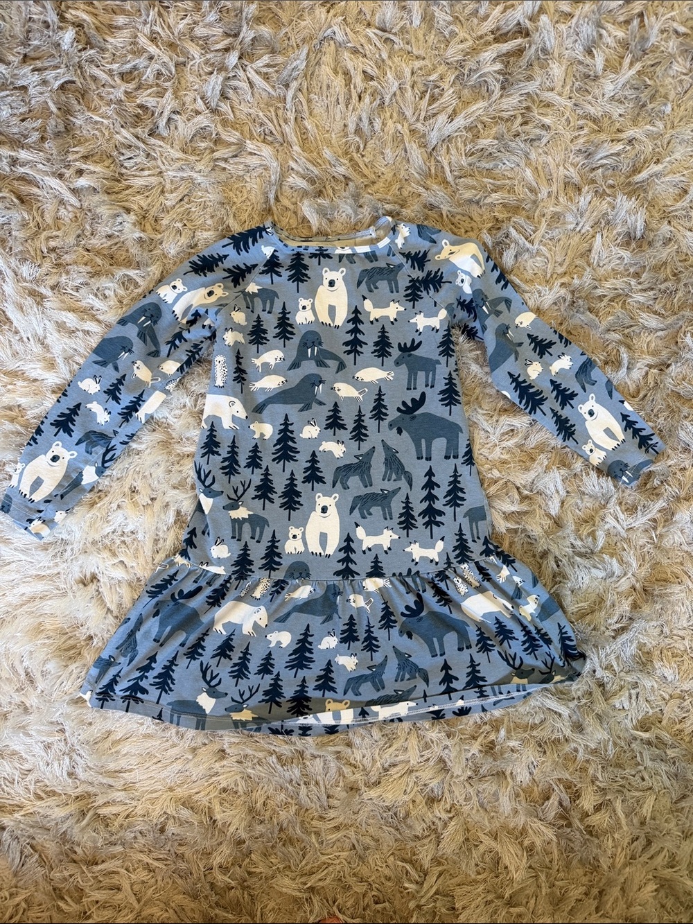 Girls' Blue Forest Animal Long-Sleeve Casual Dress